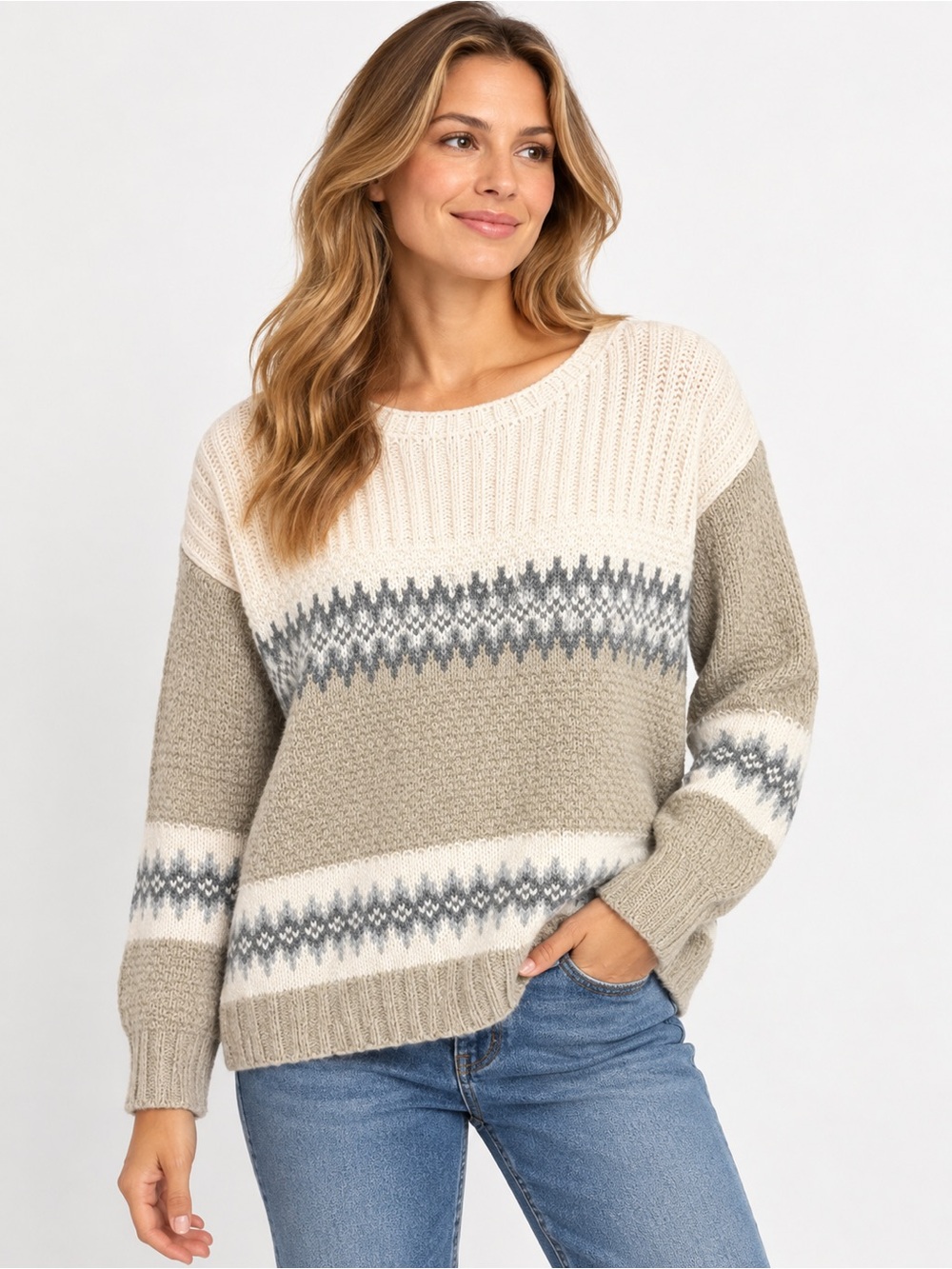 Lucky Brand wool acrylic blend Cream, Taupe & Gray Fair Isle Crewneck Sweater M